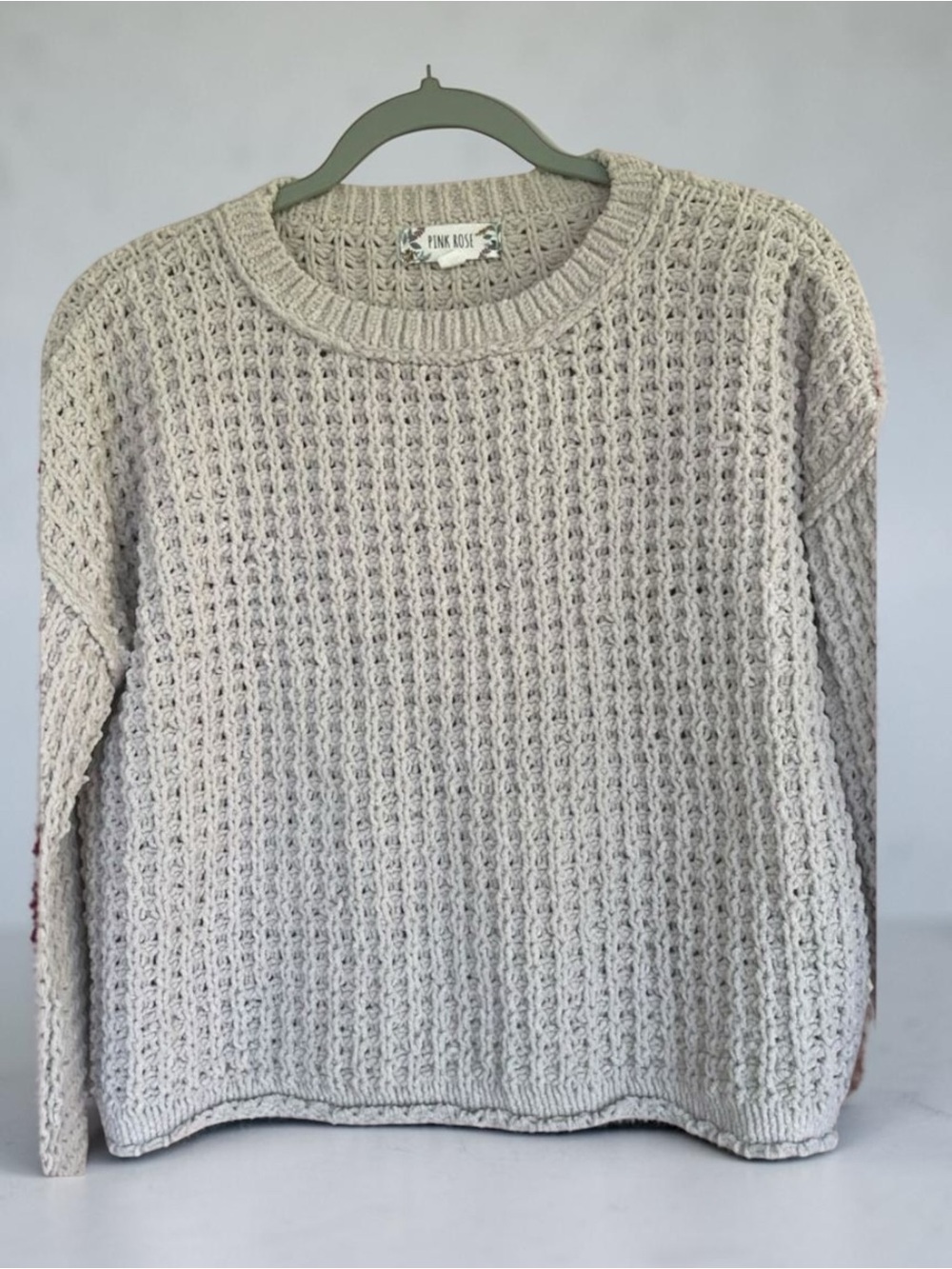 Pink Rose Chunky Waffle Knit Cropped Sweater Boho Cozy Cottagecore Medium
